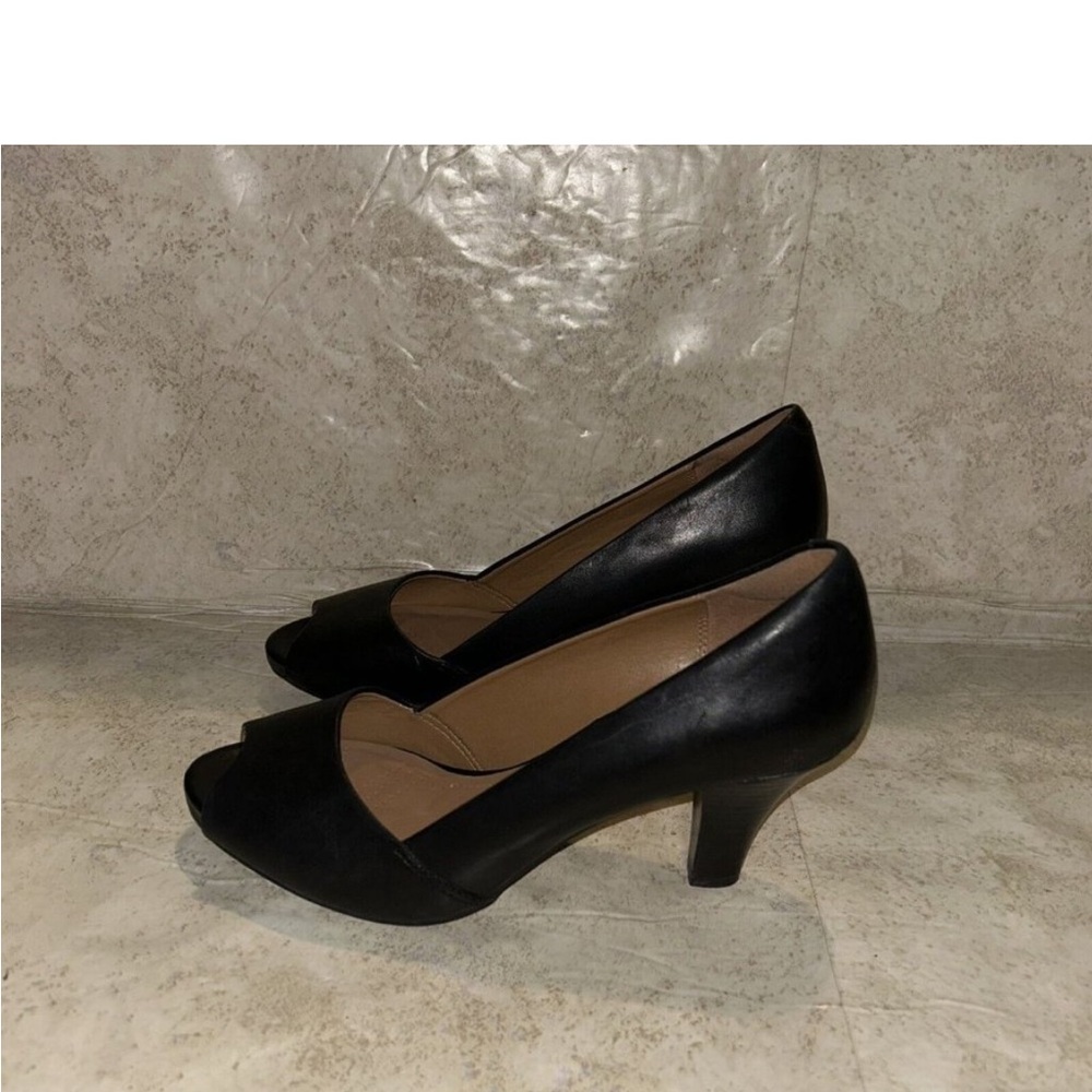 Clarks Artisan Black Open Toe Slip On Leather Pumps Size Women's 8.5